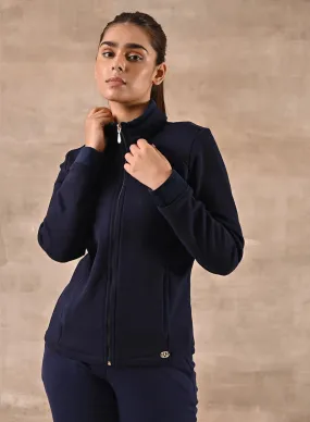 Navy Blue Zip-front High-neck Regular Jacket with Pockets