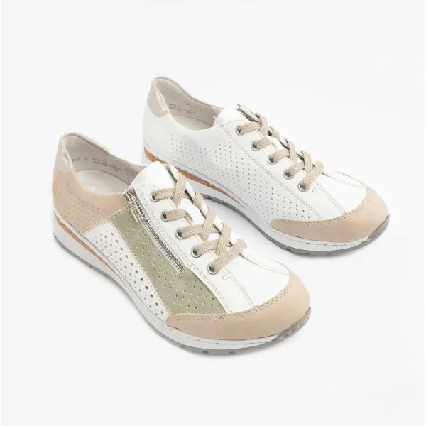 544G6-91 Ladies Lace-Up Trainers Beige Multi