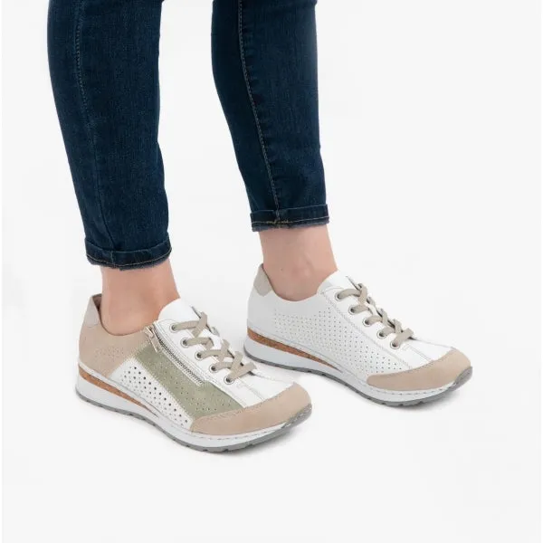 544G6-91 Ladies Lace-Up Trainers Beige Multi