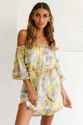 Adriel Off-Shoulder Frill Detail Dress Leaf Print White/Yellow