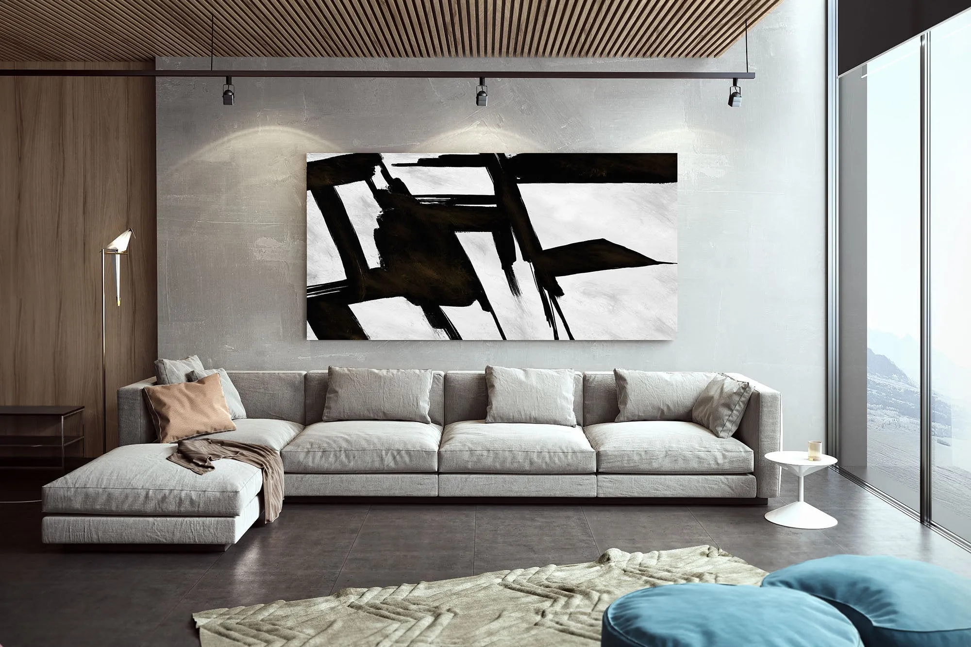 Black And White Wall Art Huge Abstract Painting Living Room Kp089