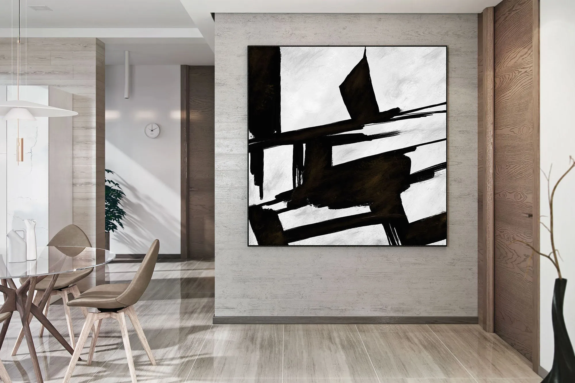 Black And White Wall Art Huge Abstract Painting Living Room Kp089