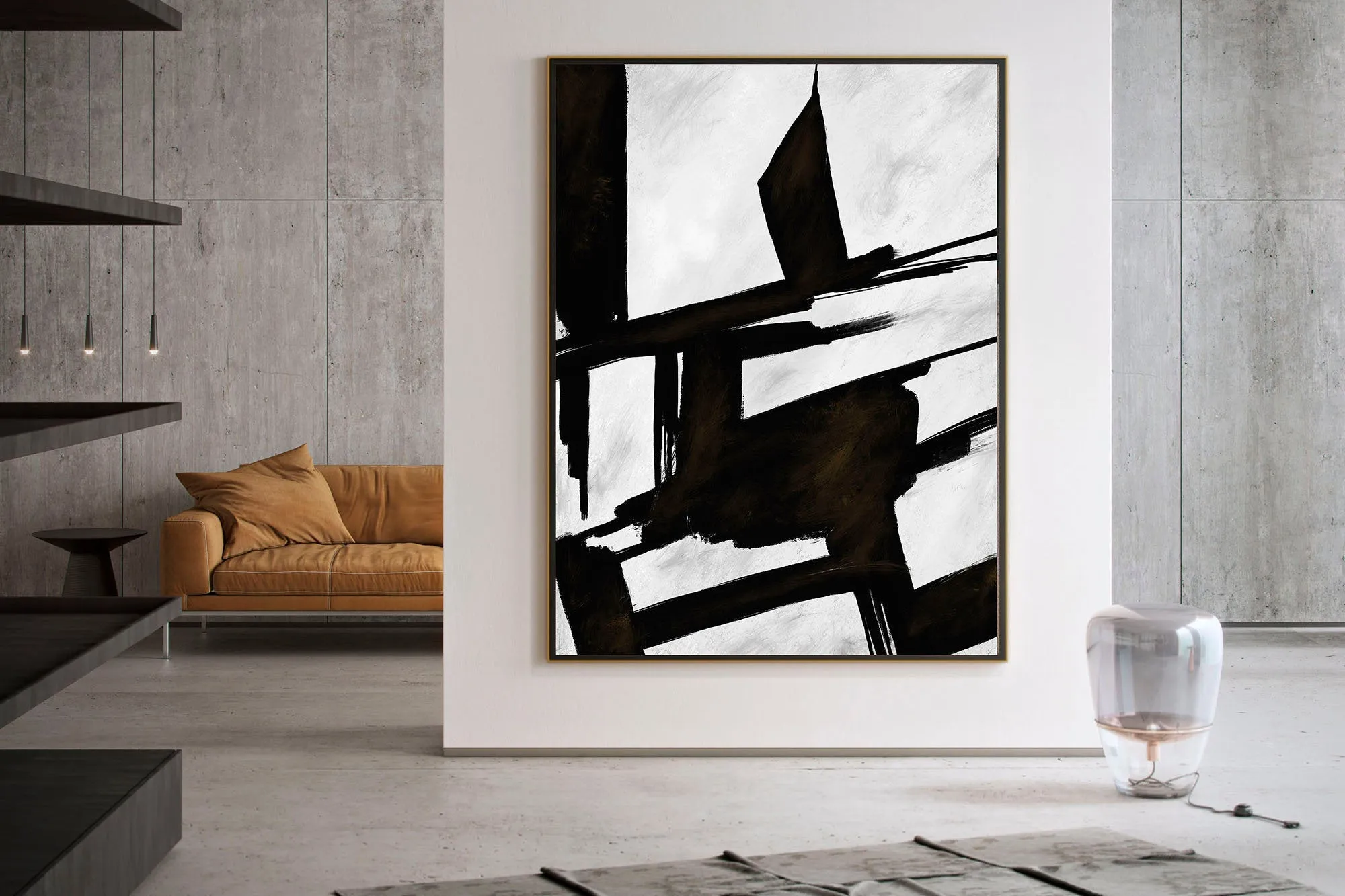 Black And White Wall Art Huge Abstract Painting Living Room Kp089