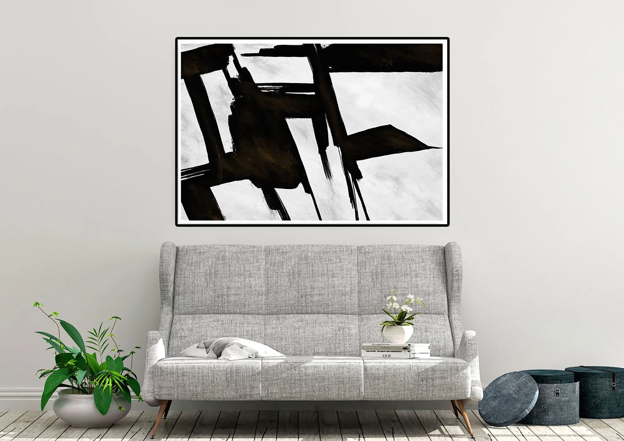 Black And White Wall Art Huge Abstract Painting Living Room Kp089