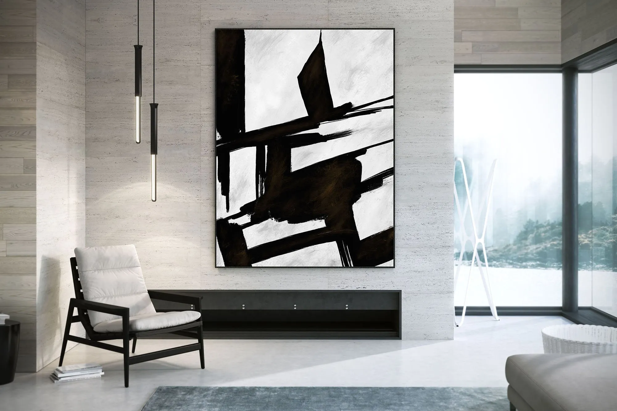 Black And White Wall Art Huge Abstract Painting Living Room Kp089