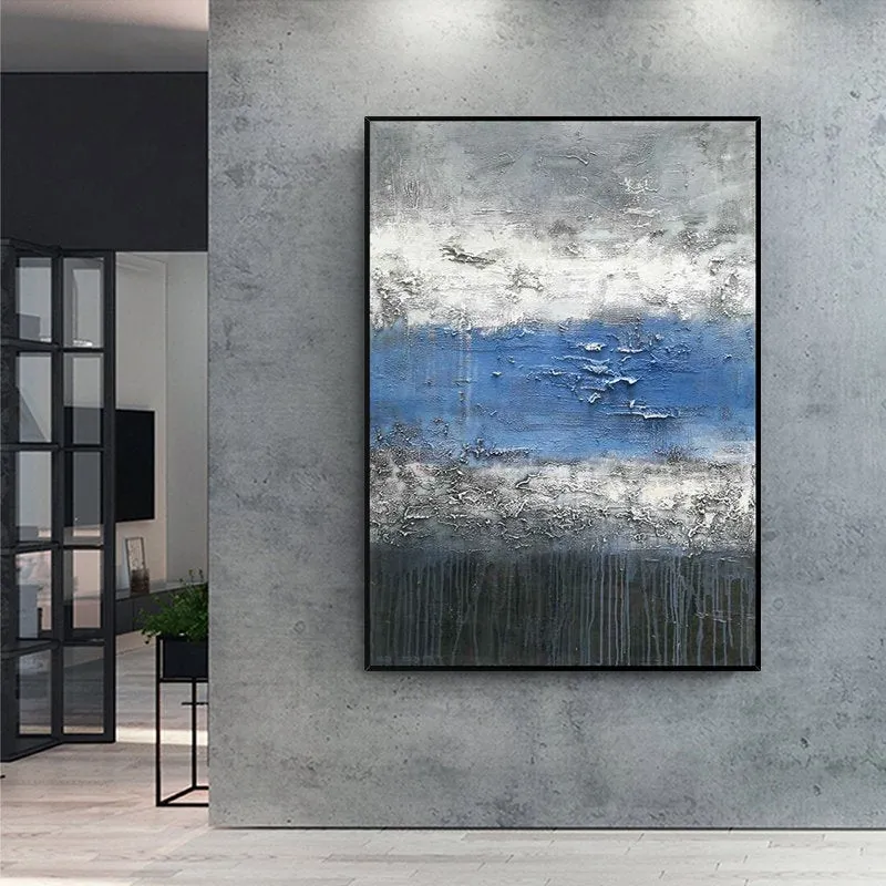 Blue Grey Canvas Painting Handmade Textured Dark Grey Wp030