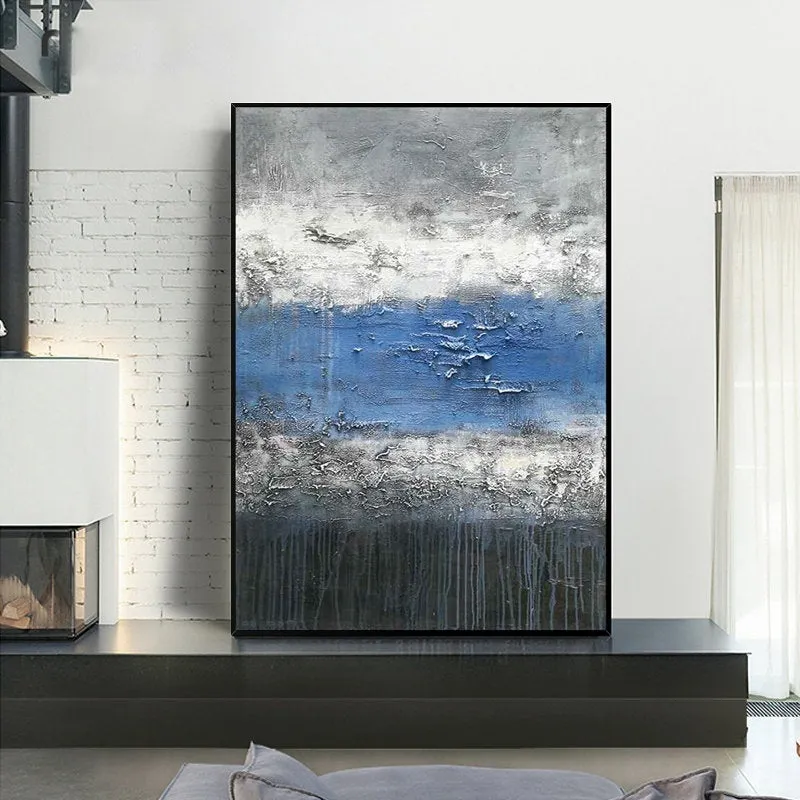 Blue Grey Canvas Painting Handmade Textured Dark Grey Wp030