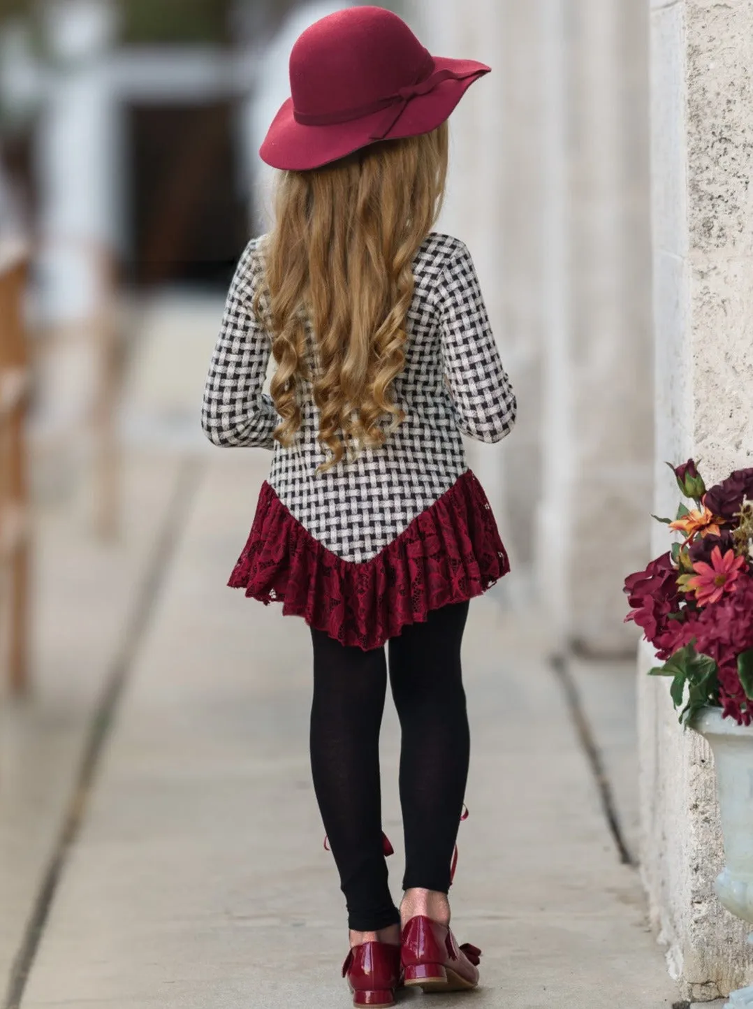 Braided Plaid Lace Trim Tunic and Legging Set