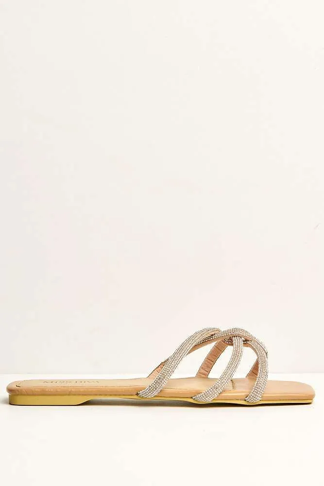 Dimmie Diamante Embellished 3 Strap Sliders in Nude