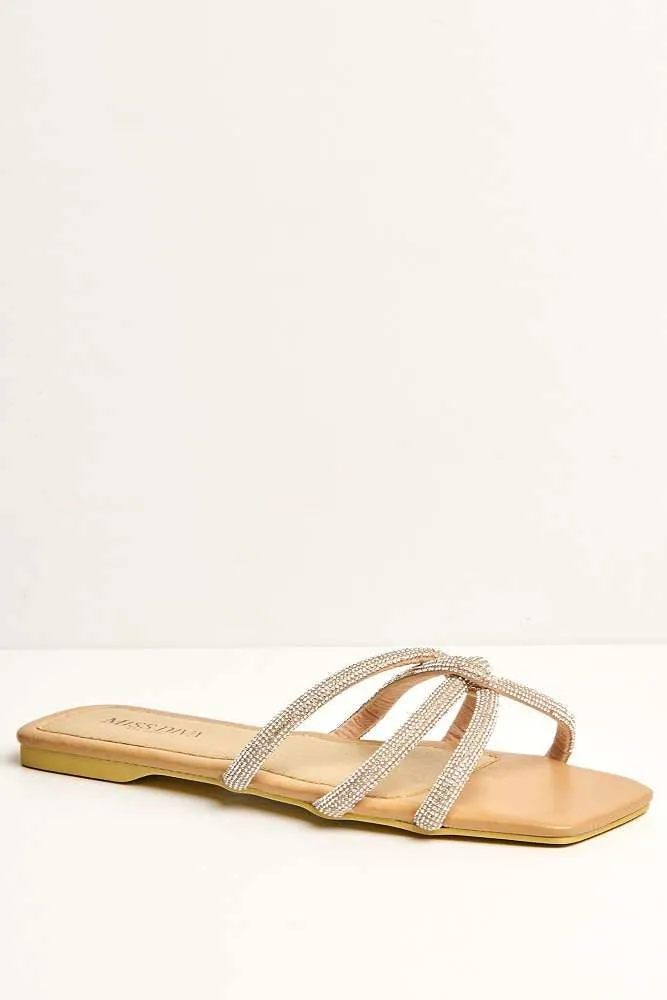 Dimmie Diamante Embellished 3 Strap Sliders in Nude