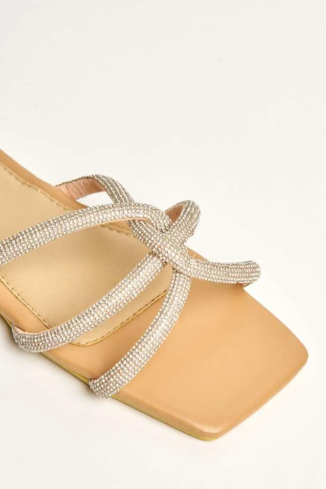 Dimmie Diamante Embellished 3 Strap Sliders in Nude