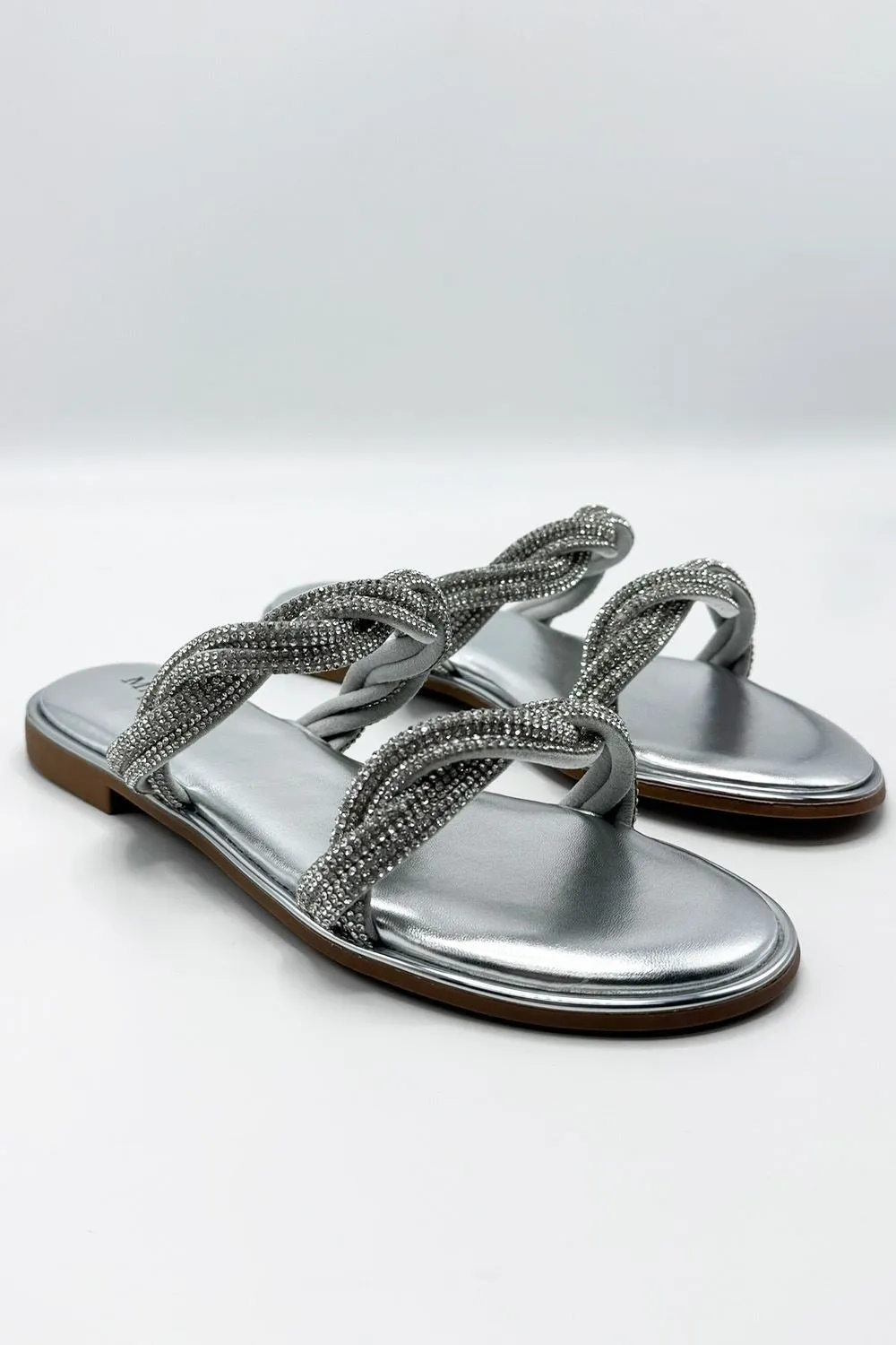 Eldoria Diamante Plaited 2 Strap Sliders in Silver