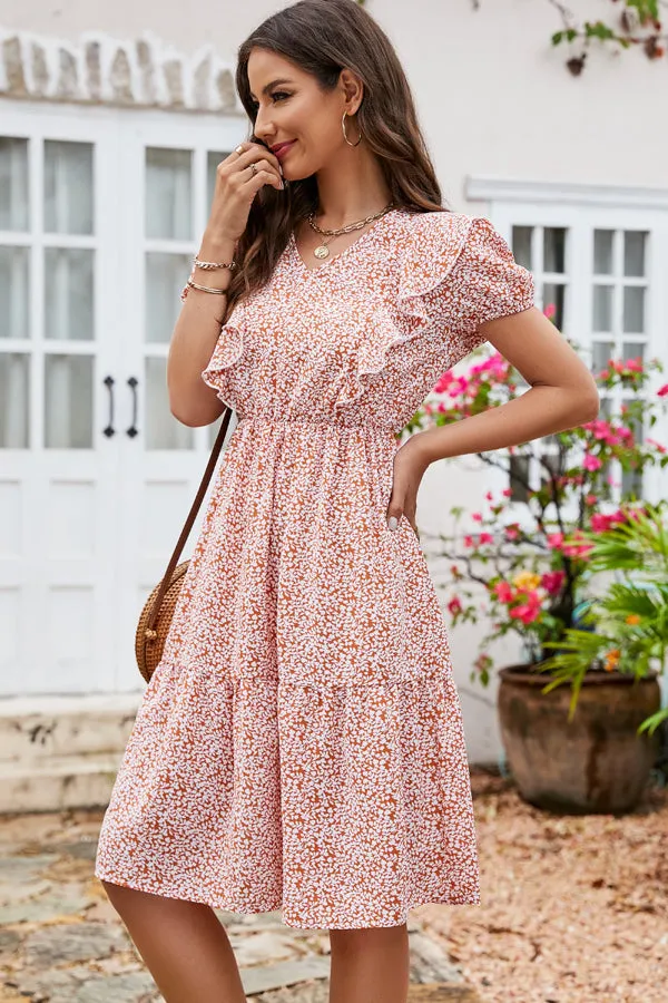 Fashion Printed Ruched Trendy Short Sleeve Dress