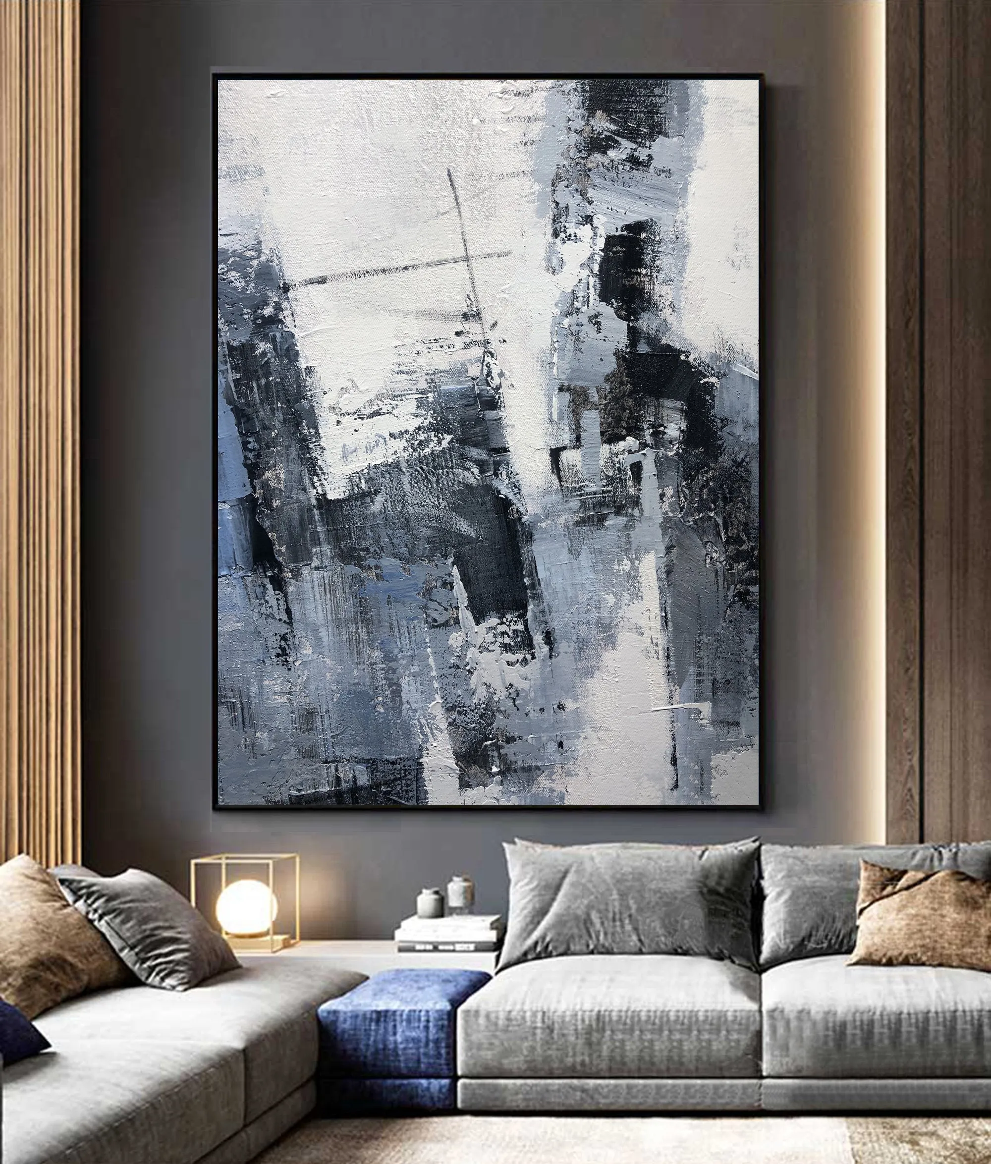 Gray Painting Abstract Extra Large Blue Abstract Painting Black White Cp009