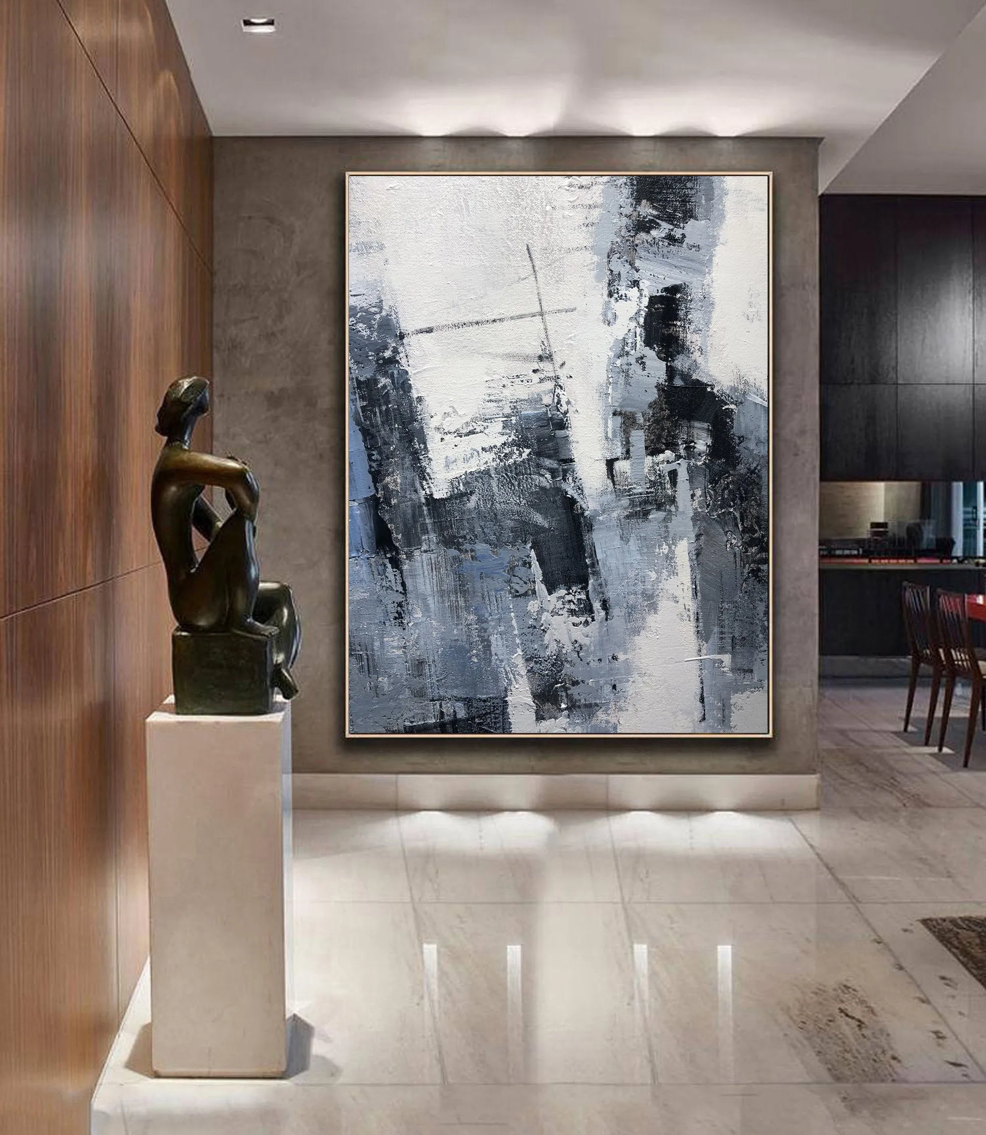 Gray Painting Abstract Extra Large Blue Abstract Painting Black White Cp009