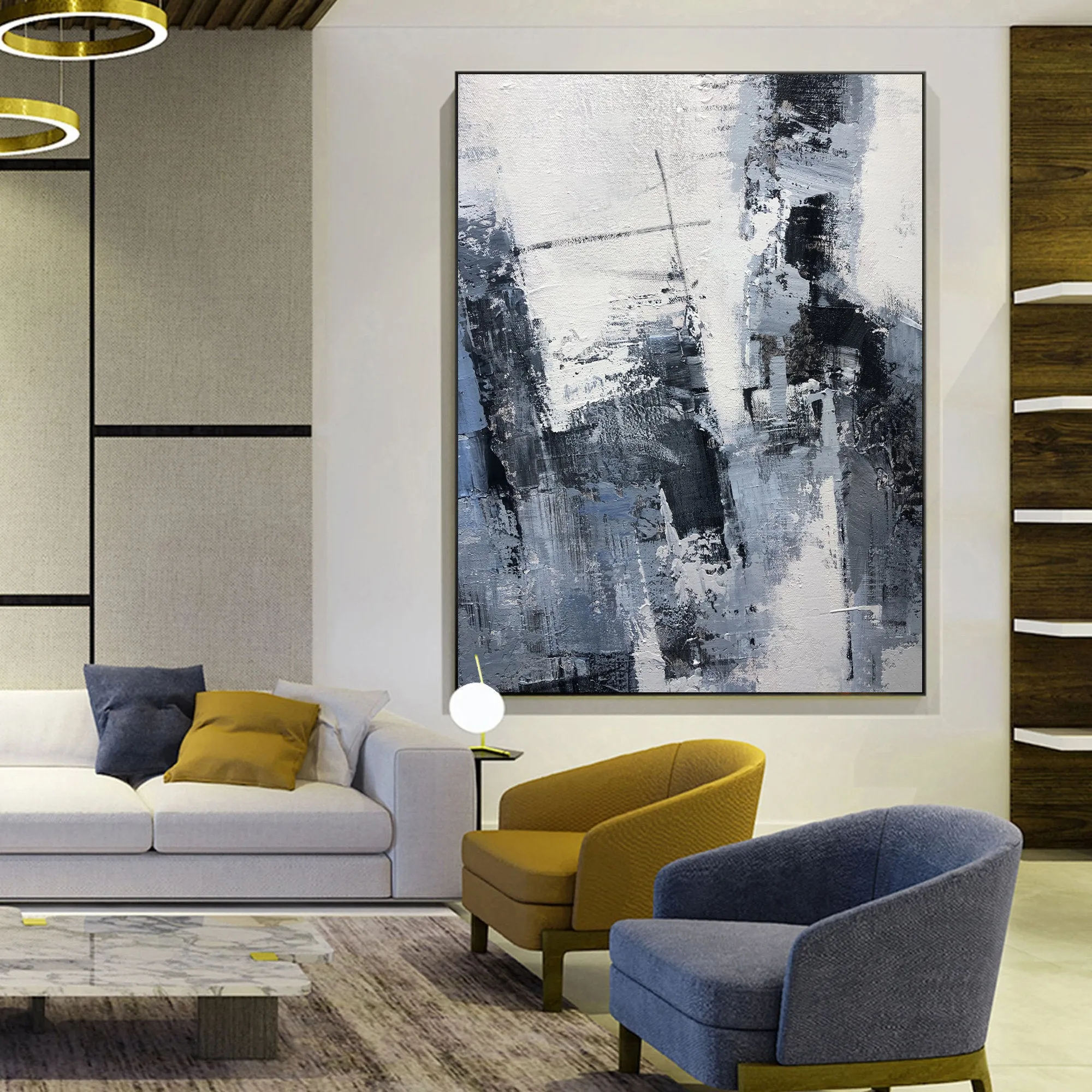 Gray Painting Abstract Extra Large Blue Abstract Painting Black White Cp009