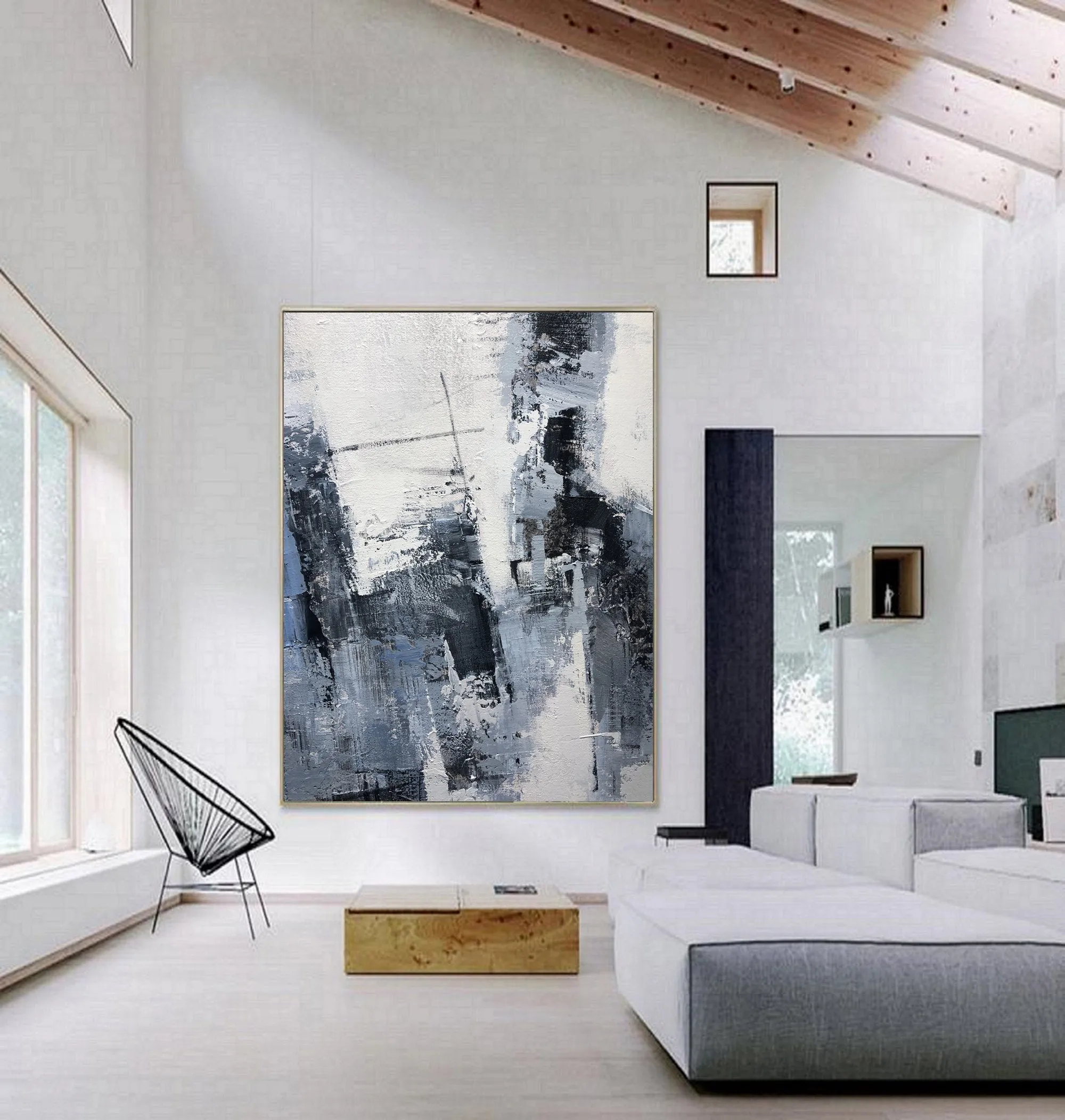 Gray Painting Abstract Extra Large Blue Abstract Painting Black White Cp009