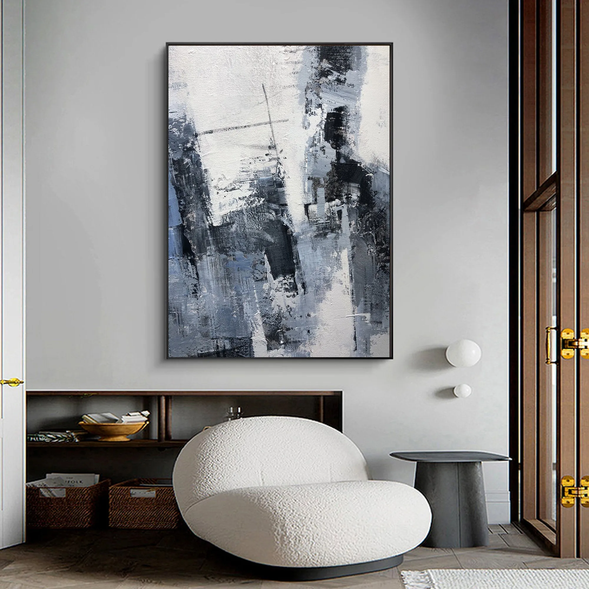 Gray Painting Abstract Extra Large Blue Abstract Painting Black White Cp009