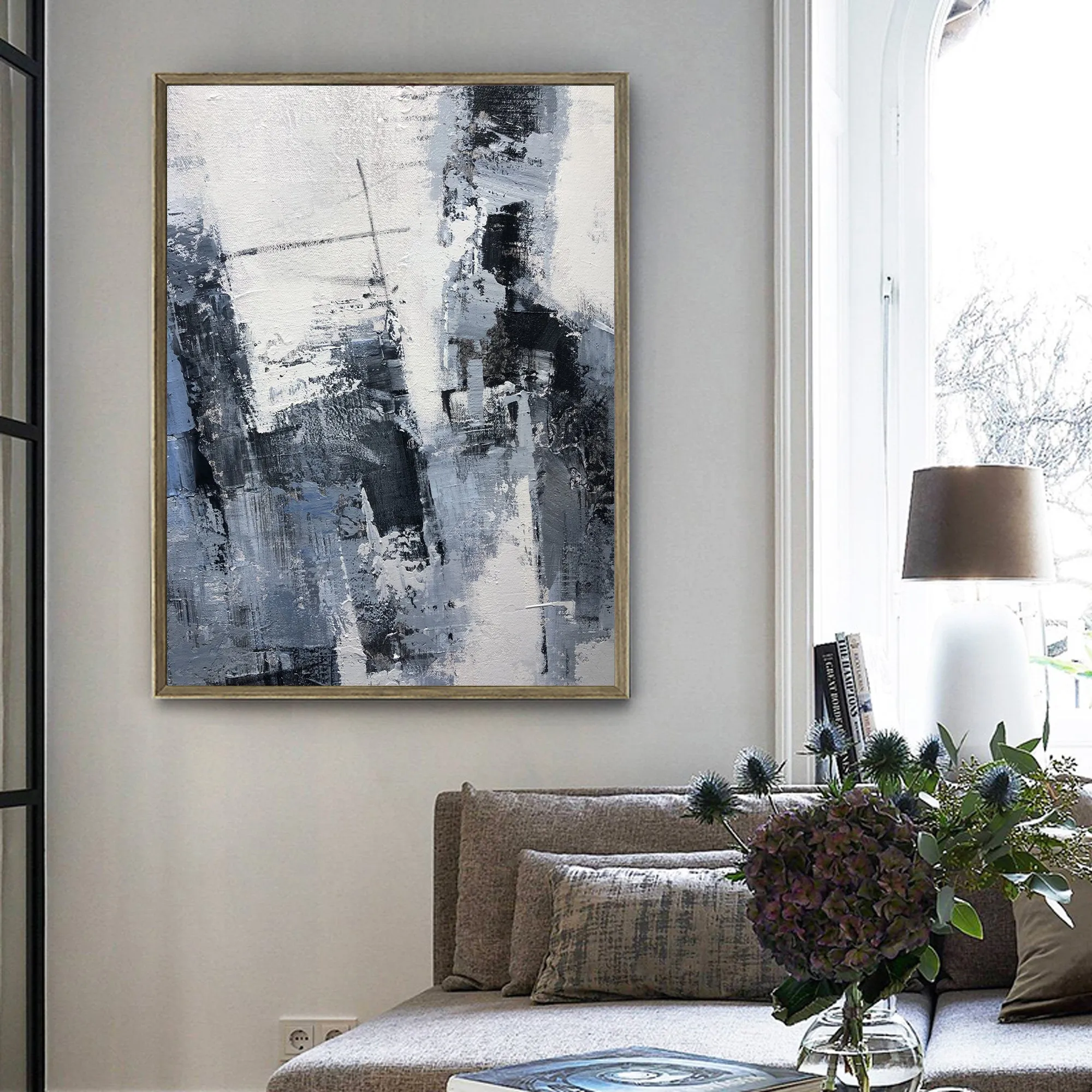 Gray Painting Abstract Extra Large Blue Abstract Painting Black White Cp009