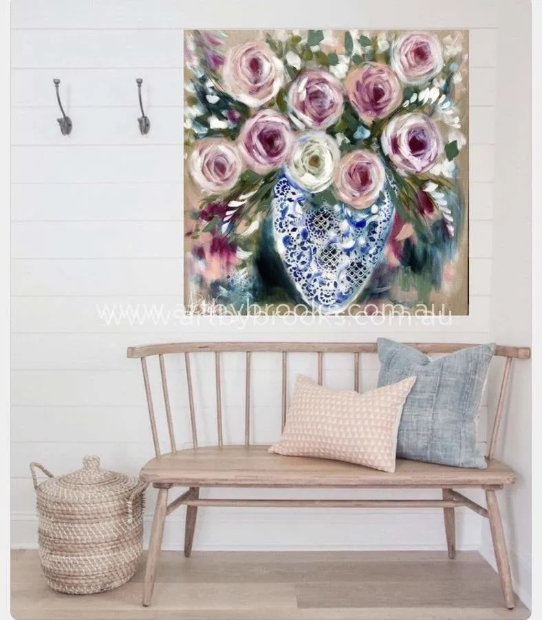 Hampton’s tea rose  - original on Belgian linen 90x90 cm