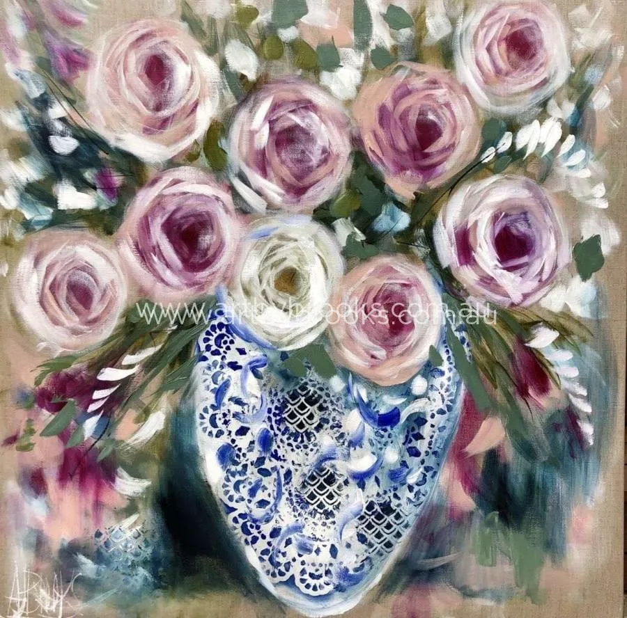 Hampton’s tea rose  - original on Belgian linen 90x90 cm