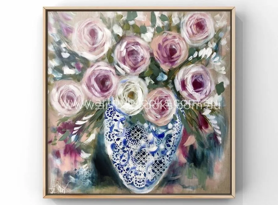 Hampton’s tea rose  - original on Belgian linen 90x90 cm