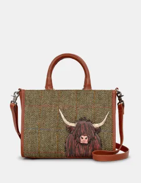 Highland Cow Harris Tweed & Brown Leather Multiway Grab Bag