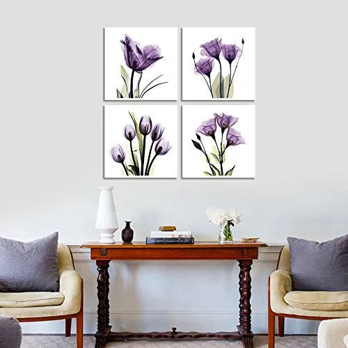 HLJ ART 4 PANEL ELEGANT TULIP PURPLE FLOWER CANVAS PRINT WALL ART PAINTING FOR LIVING ROOM DECOR AND MODERN HOME DECORATIONS PHOTO PRINTS 12X12INCH(WOOD FRAMED)