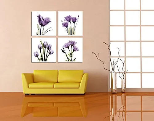 HLJ ART 4 PANEL ELEGANT TULIP PURPLE FLOWER CANVAS PRINT WALL ART PAINTING FOR LIVING ROOM DECOR AND MODERN HOME DECORATIONS PHOTO PRINTS 12X12INCH(WOOD FRAMED)