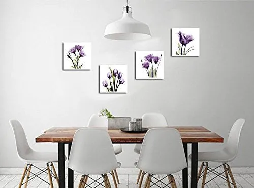 HLJ ART 4 PANEL ELEGANT TULIP PURPLE FLOWER CANVAS PRINT WALL ART PAINTING FOR LIVING ROOM DECOR AND MODERN HOME DECORATIONS PHOTO PRINTS 12X12INCH(WOOD FRAMED)