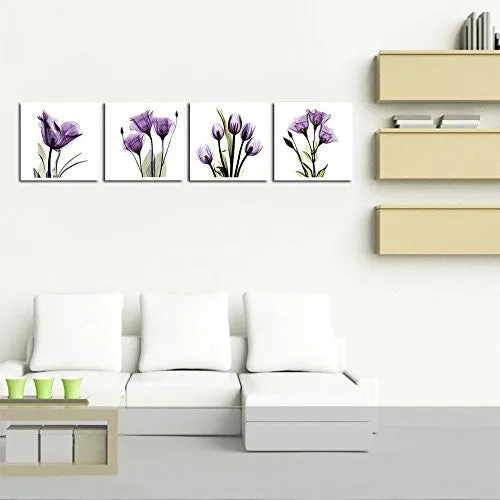 HLJ ART 4 PANEL ELEGANT TULIP PURPLE FLOWER CANVAS PRINT WALL ART PAINTING FOR LIVING ROOM DECOR AND MODERN HOME DECORATIONS PHOTO PRINTS 12X12INCH(WOOD FRAMED)