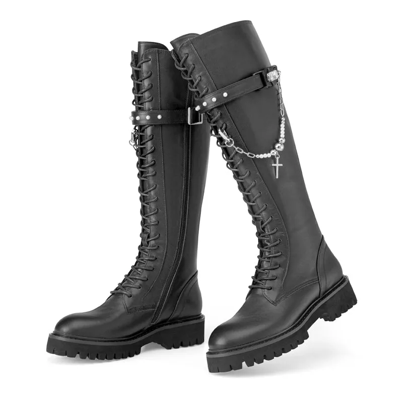 In The Name Of Love Ladies' Cross With Chain Leather Combat Boot 5564 Black