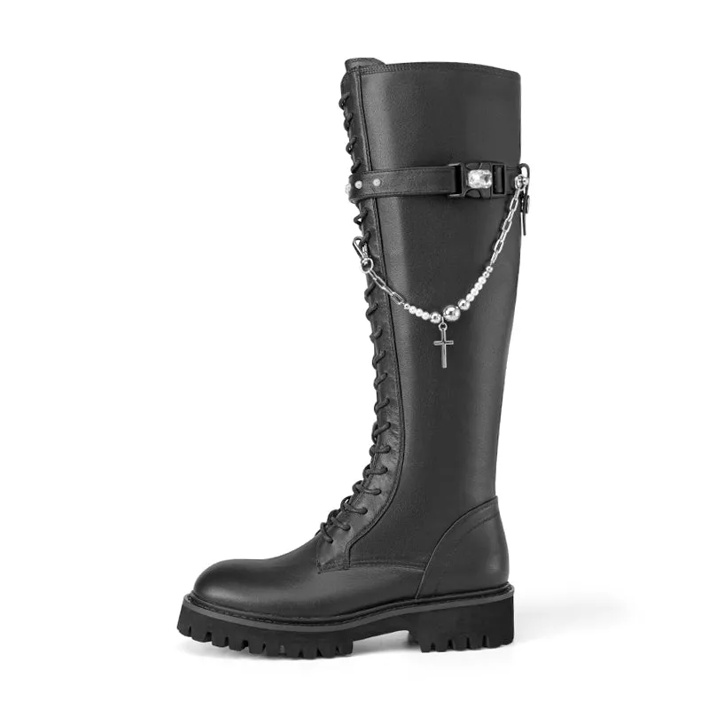 In The Name Of Love Ladies' Cross With Chain Leather Combat Boot 5564 Black