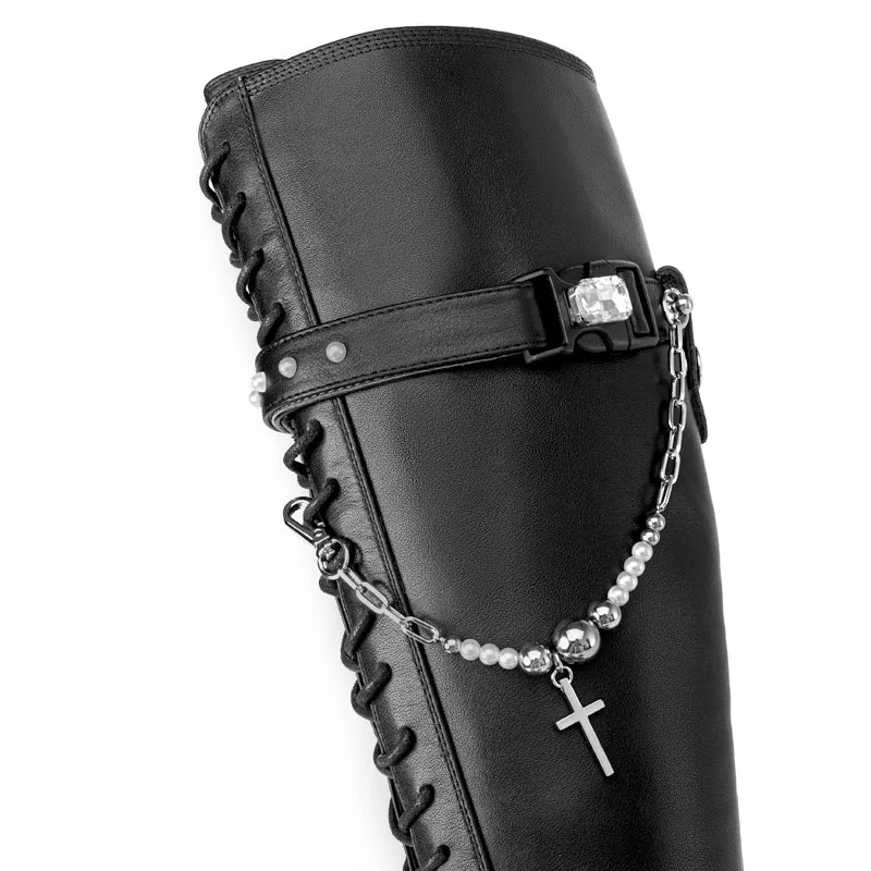 In The Name Of Love Ladies' Cross With Chain Leather Combat Boot 5564 Black