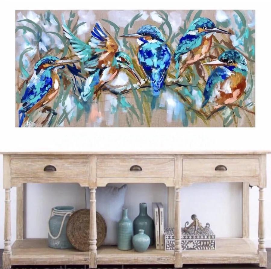 Kingfisher kingdom -original on Belgian linen 75 x150 cm