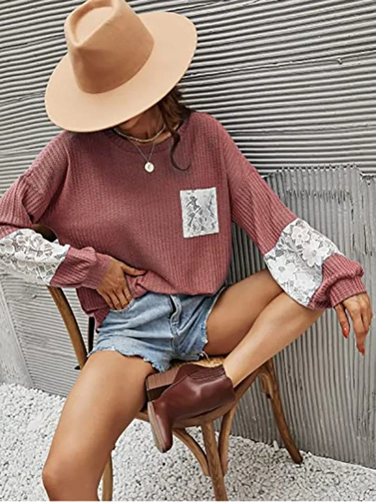 Lace Patchwork Pink Trendy Knit Crop Top