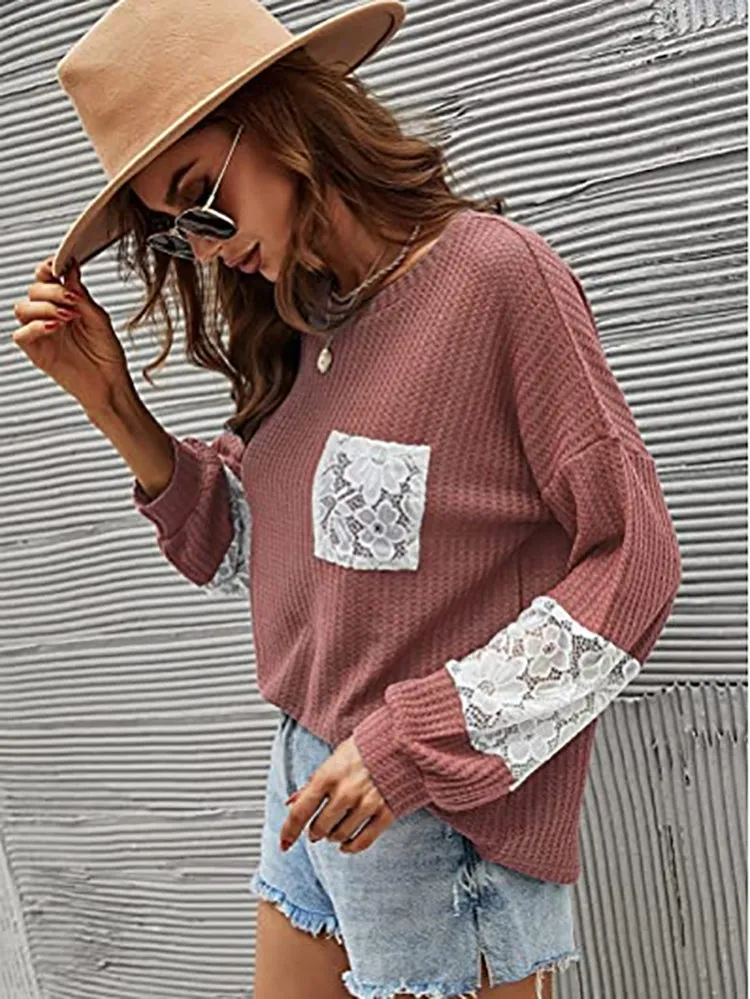 Lace Patchwork Pink Trendy Knit Crop Top