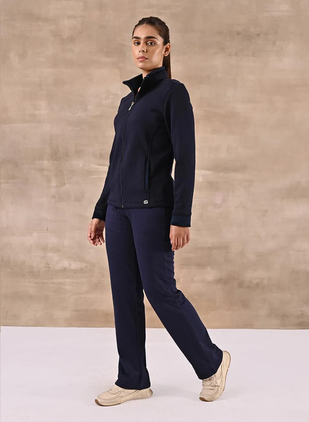 Navy Blue Zip-front High-neck Regular Jacket with Pockets