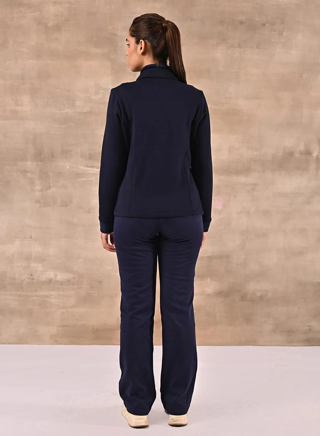 Navy Blue Zip-front High-neck Regular Jacket with Pockets