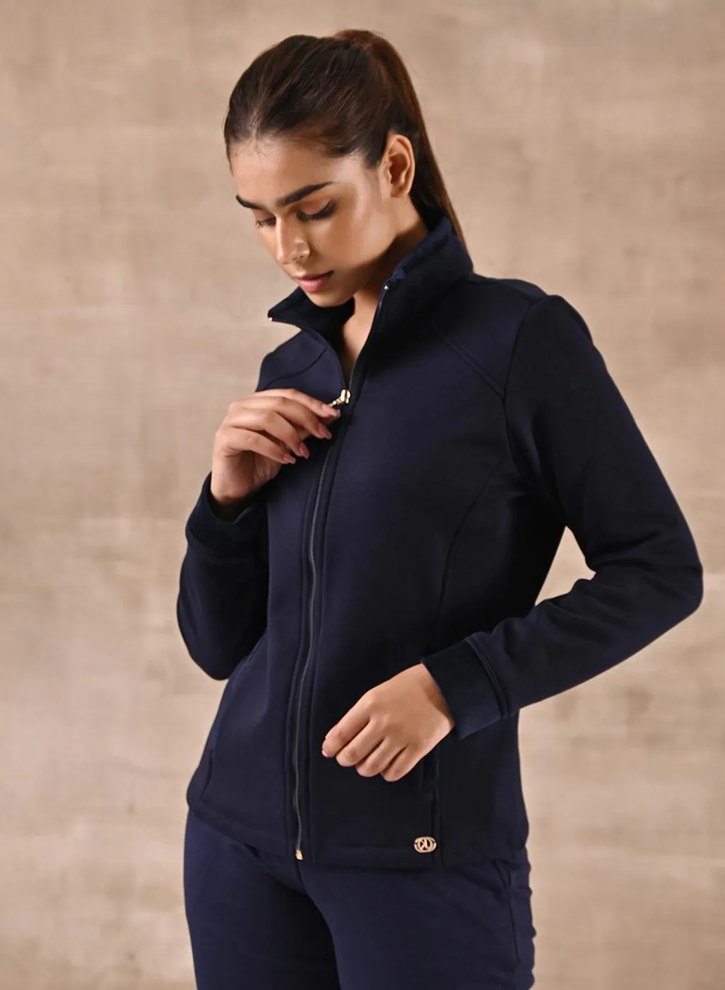 Navy Blue Zip-front High-neck Regular Jacket with Pockets