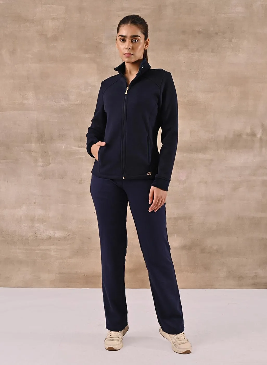 Navy Blue Zip-front High-neck Regular Jacket with Pockets