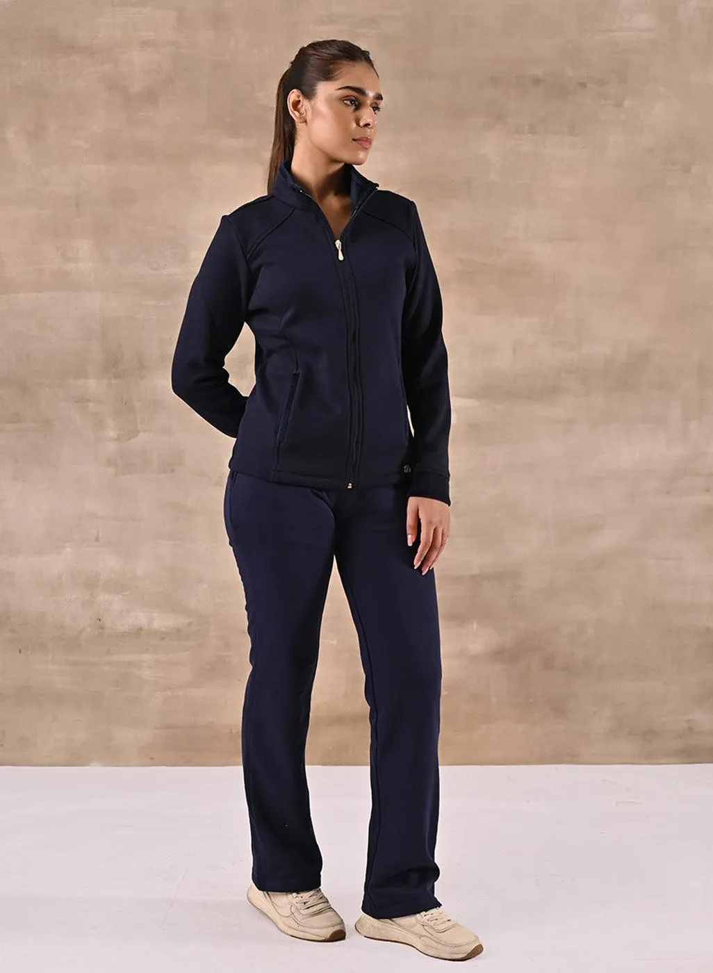 Navy Blue Zip-front High-neck Regular Jacket with Pockets