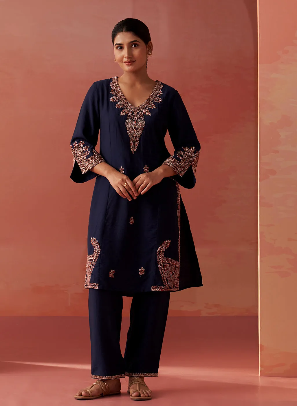 Nikhat Navy Blue Embroidered Rayon Co-ord Set for Women