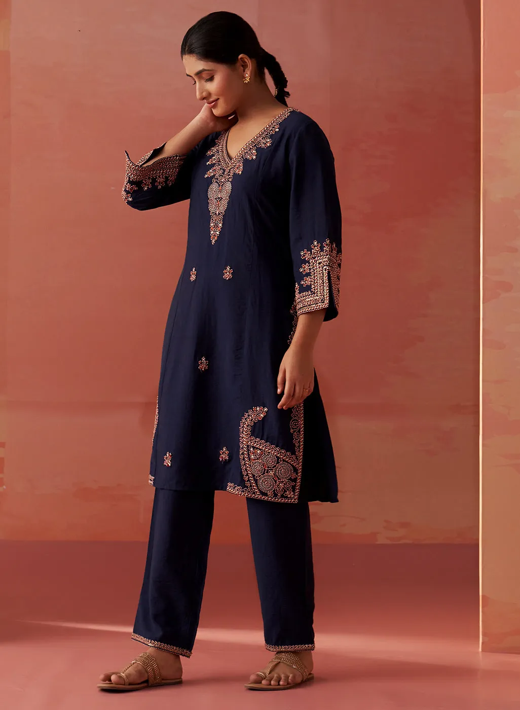 Nikhat Navy Blue Embroidered Rayon Co-ord Set for Women