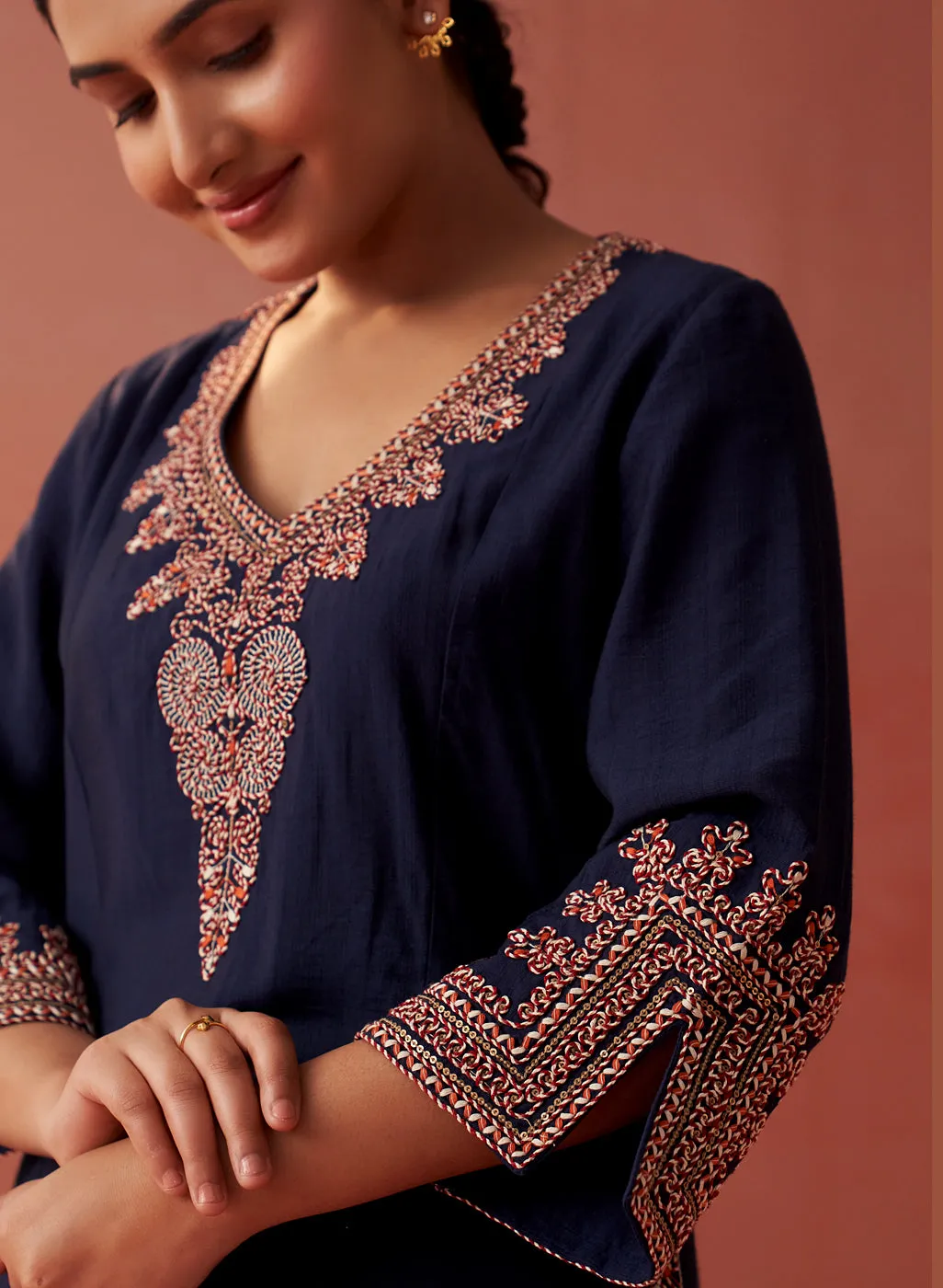 Nikhat Navy Blue Embroidered Rayon Co-ord Set for Women