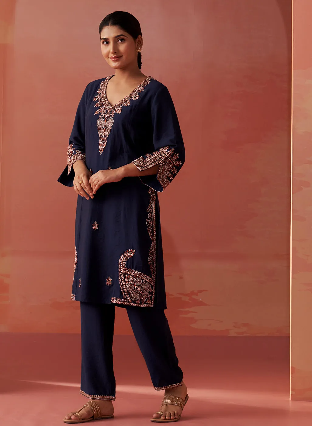 Nikhat Navy Blue Embroidered Rayon Co-ord Set for Women