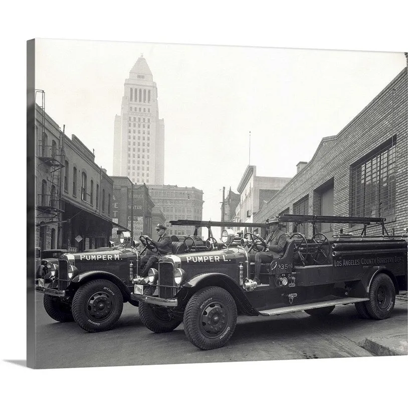 Vintage 1920s-1930s Fire Trucks with Los Angeles City Hall, California - Canvas Wall Art