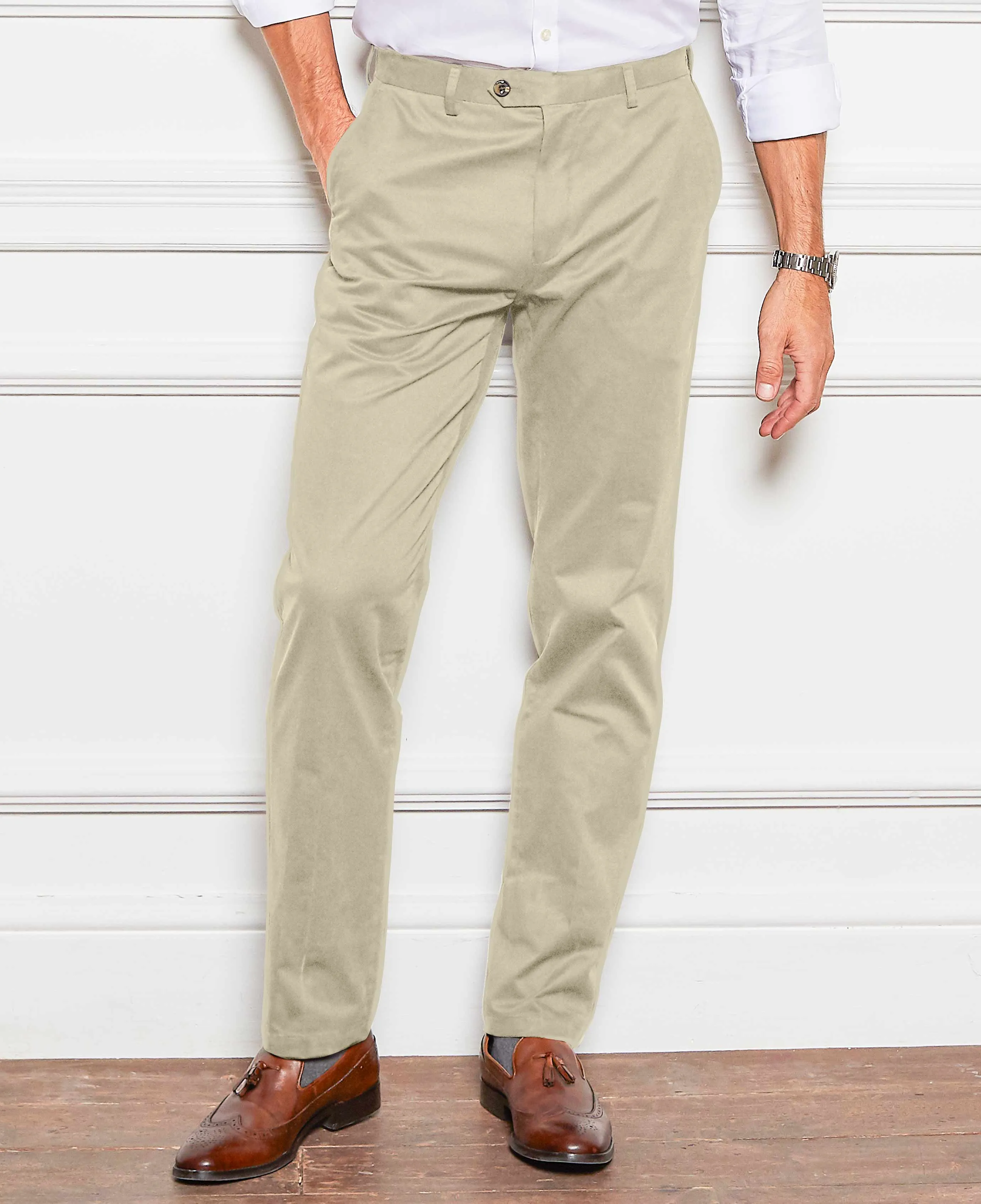 Stone Stretch Cotton Classic Fit Flat Front Chinos