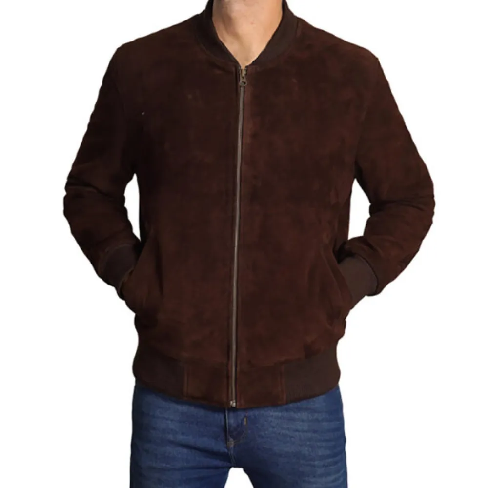 Stylozone Mens Dark Brown Suede Leather Bomber Jacket