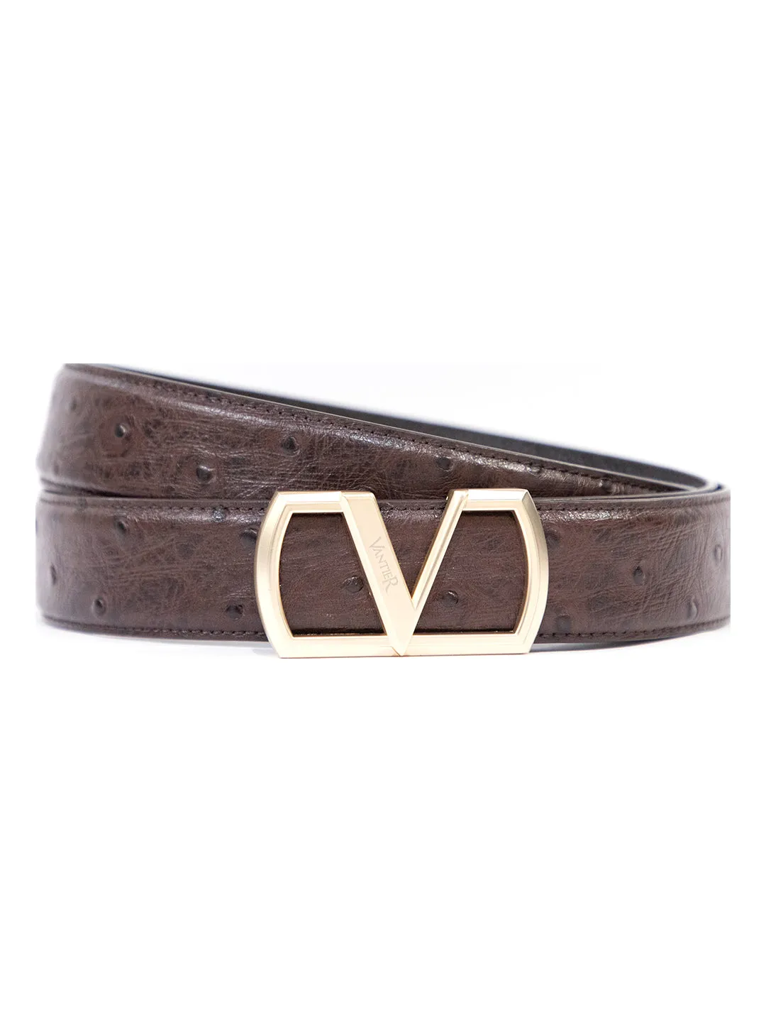 Vantier Luxury Ostritch Coffee Belt V Gold Buckle A8